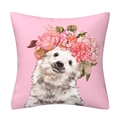 Close-up of a pink pillowcase with a digital print of a cute puppy wearing a flower crown - 09 Puppy