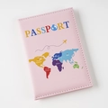 Pink PU leather passport cover with world map print, travel document holder organizer case. - Pink