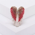 Elegant angel wing brooch with red and white enamel feathers and pink rhinestones - Pink