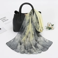 Elegant yellow chiffon scarf with grey leaf print wrapped on a black leather handbag - Light Yellow (Chinese Ink Lotus)