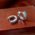 Macro shot of silver huggie earrings with pavé blue stones on brown leather base - Silver-Blue