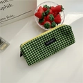 Detail of green houndstooth pencil case with yellow zipper and merciparis woven label - Yellow Green Small