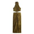 Maxikleid aus olivgrünem Samt mit Neckholder, Taillenausschnitten und Strass-Schnalle - S / Olivgrün