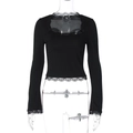 Detail of square neckline with delicate lace trim on a slim fit black long sleeve top - S / Black