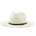 Straw Panama hat in beige with black ribbon band for summer beach sun protection - Creamy White