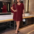 Elegantes weinrotes Pailletten-Partykleid mit V-Ausschnitt und Schlitz-Cap-Ärmeln - 1XL / Burgunderrot