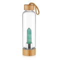 Glass water bottle with bamboo lid and a natural green crystal pillar inside - Green Aventurine Cup