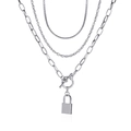 Three-layer silver punk chain necklace with a smooth padlock pendant and OT buckle - Silver Multi-Layer Snake & Paperclip Chain with Lock (White Gold Plated 6840)