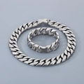 Detailed view of silver Cuban link chain set with creative bone-shaped clasp design - 20mm Width (21.5cm+45cm Set) / Silver
