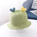 Cute light green knitted baby bucket hat with blue and yellow 3D heart decorations - 0-4 Years Infants / Grass Green