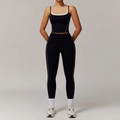 Schwarzes Damen-Yoga-Set mit weißen Kontraststreifen und hoher Taille Leggings - S / Tank + Lange Hose / Premium Schwarz