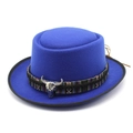 Blue felt cowboy hat with ethnic woven band and silver bull head ornament for men and women - M(56-58cm) / Blue