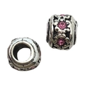 Silver flower bead with pink rhinestones for DIY bracelets in a dual-view display - Vintage Floral Pink Rhinestone Bead