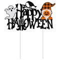 Glittery black Happy Halloween cake topper featuring ghost, pumpkin gnome, and raven motifs - Gnome Large Cake Topper