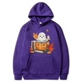 Purple Halloween hoodie in size M featuring ghost and pumpkin illustration on white background - Purple