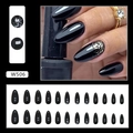 Detail of almond black press-on nails with silver glitter gradient and glossy finish - Sweet Cool Solid Color (W506)