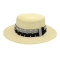 Flat top straw sun hat with decorative pearl and rhinestone sequin band for women - Cream