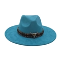 Lakeside blue wide brim fedora hat with ethnic woven band and bull skull charm - Colorful Bull Head Ornament / Malachite green