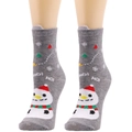 Detail von grauen Weihnachtssocken mit Schneemann-Motiv und gestricktem HO!-Schriftzug - Einheitsgröße / Grau