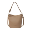 Sac seau beige en cuir grainé avec poignée tressée et bandoulière réglable - Kaki