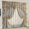 Baroque style curtains in gold and cream 3D digital floral print with elegant valance - Gold Beige Baroque