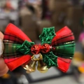 Christmas bow ornament with red green plaid ribbon, holly berries and gold bells - Green Leaf Red Bead Bow