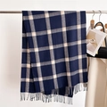 Detail of navy and white checkered scarf with soft fringe texture on a minimalist hanger - Dark Blue & White Plaid (WT170-6)