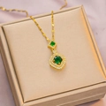 Golden titanium steel necklace with square and round green gemstone pendants - 6057 Layered Square Zircon / Gold Green Zirconia