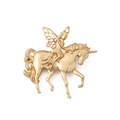 Vintage matte gold brooch featuring a fairy riding a unicorn with hollowed wings design - Fairy Unicorn