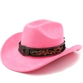 Close-up of pink suede western hat featuring ethnic embroidery and a gemstone buckle - M (56-58cm) / Magenta