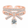 Rose gold bow ring with dangling diamond pendant and sparkling crystal pave setting - Bow with Round Zirconia Drop / Rose Gold-J339