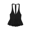Polka dot halter top with deep V-neck and ruffled hem on white background - Black