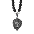 Men's necklace featuring 8mm black onyx beads and an antique silver lion head pendant - Antique Silver Necklace (KN236427-KJX)