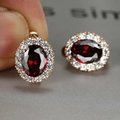 Elegant rose gold halo hoop earrings with ruby red oval stone and white zircon - Rose Gold Red Rhinestone