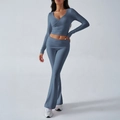 Slim fit blue knitted two-piece yoga set with V-neck long sleeve top and flared leggings - 2XL / Grey Blue