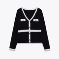 Cardigan femme col en V avec bordures contrastées et boutons dorés style noir et blanc - S / Noir et Blanc