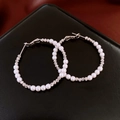 Detail of vintage style earrings with alternating white pearls and textured silver beads - 29# Silver Pearl Metal Bead String Hoop