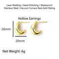 Detail of 6g hollow C-shape golden earrings made of vacuum-plated stainless steel - Hollow Cashew Crescent Earrings / Gold
