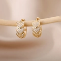 Detail of gold triple heart hoop earrings with zircon pavé on natural branch - Micro-inlaid Triple Heart Style (E2306G-6) / 18K Gold / Gold