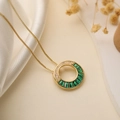 18K gold plated hollow circular pendant necklace with green stones and zircons - Simple Hollow Style (24597) / Gold + Green Zirconia