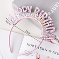 Pink glitter Happy Birthday headband with colorful tassels and size dimensions - Pink Sequin Tassel Birthday Headband