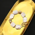 Baroque irregular pearl bracelet with 18k gold plated toggle clasp on a metal tray - White Square Set Bracelet