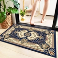 Navy blue rectangular bath mat with golden floral pattern on light wooden floor - European Classical Blue 2