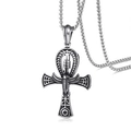 Silver Ankh cross necklace in titanium steel with detailed Egyptian symbols and patterns - Antique Silver Ankh + Titanium Steel Chain