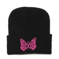 Detailed view of pink butterfly ribbon embroidery on a black ribbed knit beanie hat - M (56-58cm) / Black
