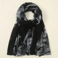 Lightweight voile scarf featuring vintage grey floral print on a black base for women - Black Grey White Floral