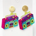 Close-up of retro boombox earrings in colorful sequins and brushed gold metal studs - Retro Colorful Boombox