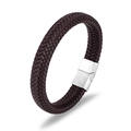 Dark brown braided leather bracelet with a polished silver rectangular metal clasp - Brown Leather/Silver Clasp