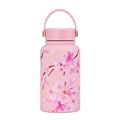 Pink 650ml stainless steel vacuum flask with cherry blossom print and carry handle - Pink Sakura Floral Design