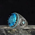 Retro punk silver ring with large oval blue gemstone and vintage engraved patterns - J081-5 Blue / Size 7
